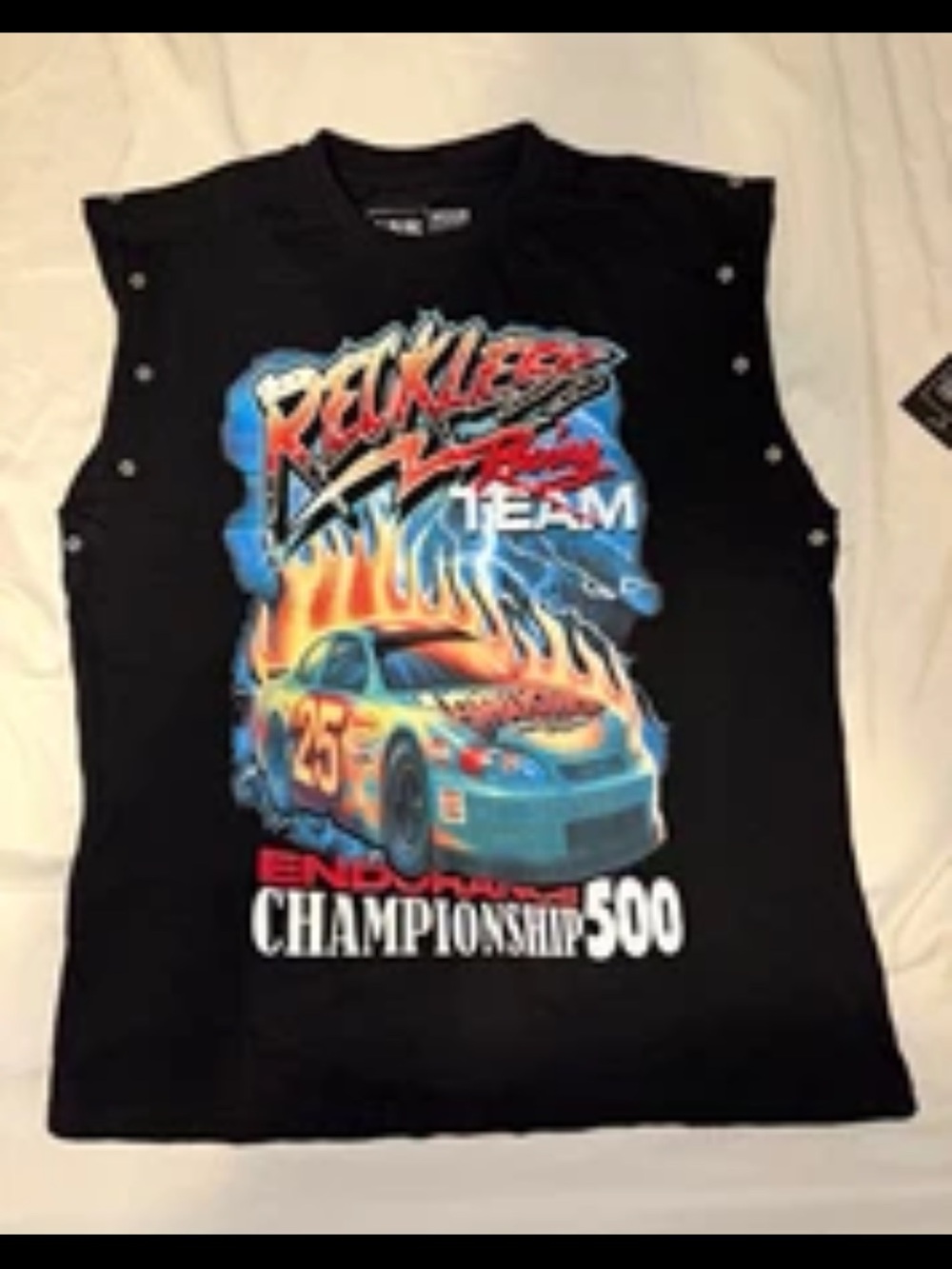 Young & Reckless Black Muscle Tank with Blue & Orange Racing Graphic